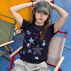 Korean Style Starfish Print Slim Fit Short Sleeve High-Stretch Cotton T-Shirt for Women - Age-Reducing Design