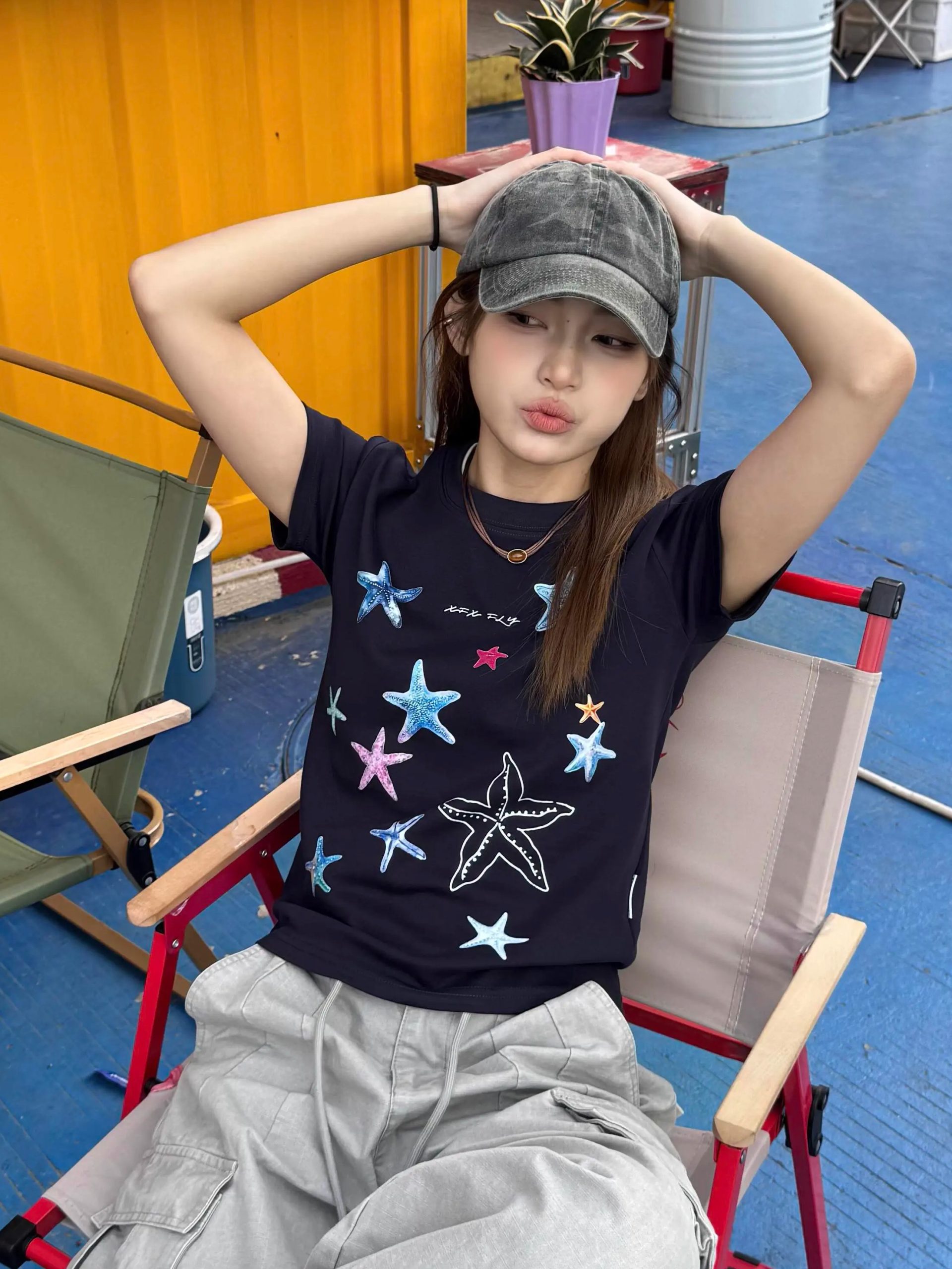 Korean Style Starfish Print Slim Fit Short Sleeve High-Stretch Cotton T-Shirt for Women - Age-Reducing Design Korean Style Starfish Print Slim Fit Short Sleeve High-Stretch Cotton T-Shirt for Women - Age-Reducing Design