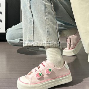 Korean Style Strawberry Heart Velcro Canvas Sneakers for Women - Breathable Sports Shoes for Students