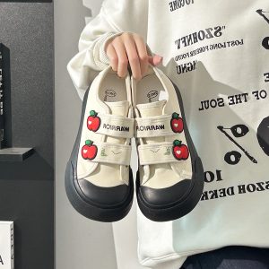 Korean Style Strawberry Heart Velcro Canvas Sneakers for Women - Breathable Sports Shoes for Students