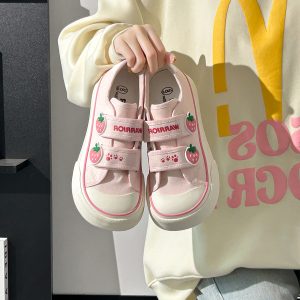 Korean Style Strawberry Heart Velcro Canvas Sneakers for Women - Breathable Sports Shoes for Students