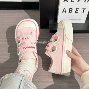 Korean Style Strawberry Heart Velcro Canvas Sneakers for Women - Breathable Sports Shoes for Students