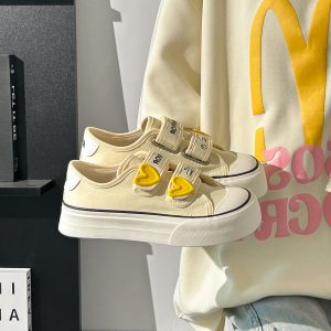 Korean Style Strawberry Heart Velcro Canvas Sneakers for Women - Breathable Sports Shoes for Students