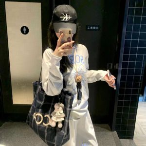 Korean-Style Striped Checkered Canvas Tote Bag, Large Capacity Casual Shoulder Bag for Everyday Use