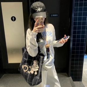 Korean-Style Striped Checkered Canvas Tote Bag, Large Capacity Casual Shoulder Bag for Everyday Use