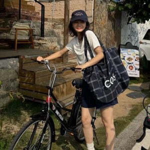 Korean-Style Striped Checkered Canvas Tote Bag, Large Capacity Casual Shoulder Bag for Everyday Use