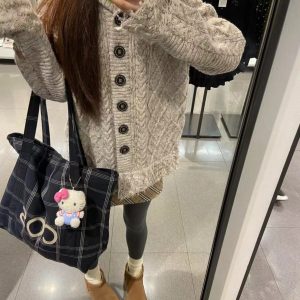 Korean-Style Striped Checkered Canvas Tote Bag, Large Capacity Casual Shoulder Bag for Everyday Use