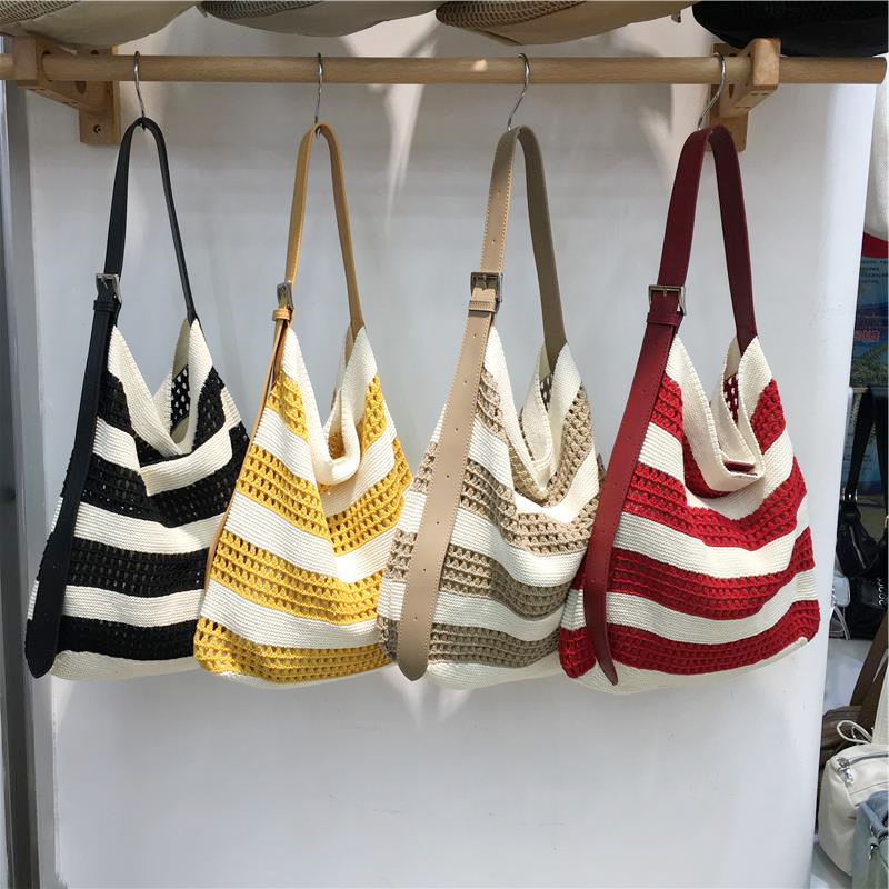 Korean Style Striped Color-Block Woven Tote Bag - Large Capacity Casual Versatile Shoulder Crossbody Bag