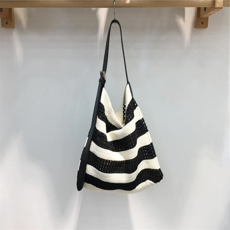 Korean Style Striped Color-Block Woven Tote Bag - Large Capacity Casual Versatile Shoulder Crossbody Bag