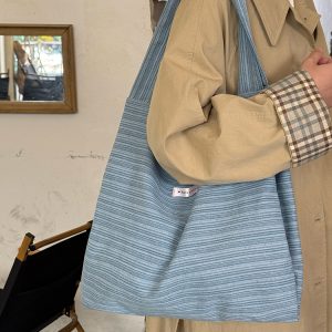 Korean-Style Striped Denim Tote Bag for Women - Large Capacity Shoulder Bag for Students and Commuters 2025