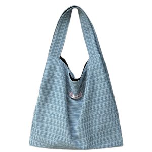 Korean-Style Striped Denim Tote Bag for Women - Large Capacity Shoulder Bag for Students and Commuters 2025