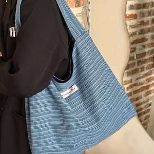 Korean-Style Striped Denim Tote Bag for Women - Large Capacity Shoulder Bag for Students and Commuters 2025