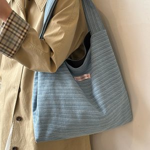 Korean-Style Striped Denim Tote Bag for Women - Large Capacity Shoulder Bag for Students and Commuters 2025