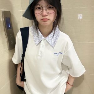 Korean Style Striped Patchwork Polo Collar White Short Sleeve T-Shirt for Women - Summer 2023 Trendy College Top