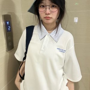 Korean Style Striped Patchwork Polo Collar White Short Sleeve T-Shirt for Women - Summer 2023 Trendy College Top
