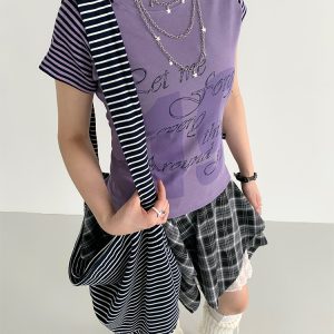 Korean Style Striped T-shirt for Women - Summer Spliced Raglan Sleeve Short Sleeve Top, Trendy Niche Fashion