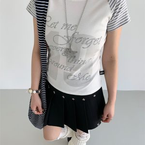 Korean Style Striped T-shirt for Women - Summer Spliced Raglan Sleeve Short Sleeve Top, Trendy Niche Fashion
