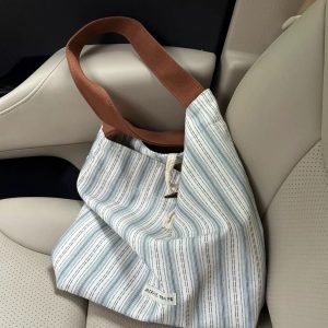 Korean-Style Striped Tote Bag for Women - Minimalist Large Capacity Color-Blocking Casual Canvas Commuter Bucket Bag