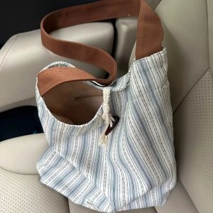 Korean-Style Striped Tote Bag for Women - Minimalist Large Capacity Color-Blocking Casual Canvas Commuter Bucket Bag