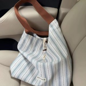 Korean-Style Striped Tote Bag for Women - Minimalist Large Capacity Color-Blocking Casual Canvas Commuter Bucket Bag