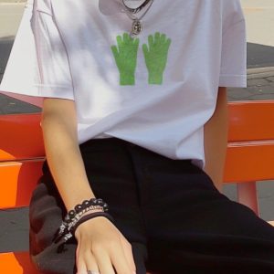 Korean Style Vintage Blue Graphic T-Shirt with Glove Print - Casual, Cotton, Trendy, Retro, Youthful Aesthetic