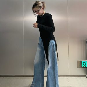 Korean-Style Washed High-Waisted Wide-Leg Jeans for Women, Loose Vintage Straight Pants, Spring Fashion Trousers