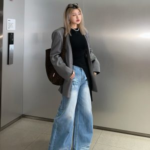 Korean-Style Washed High-Waisted Wide-Leg Jeans for Women, Loose Vintage Straight Pants, Spring Fashion Trousers
