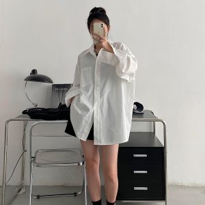 Korean Style White Long Sleeve Shirt for Women - Thin Cotton Casual Top in Sun Grapefruit, Perfect for Spring and Autumn