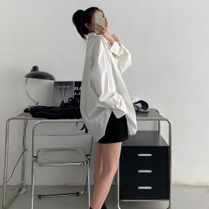 Korean Style White Long Sleeve Shirt for Women - Thin Cotton Casual Top in Sun Grapefruit, Perfect for Spring and Autumn