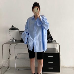 Korean Style White Long Sleeve Shirt for Women - Thin Cotton Casual Top in Sun Grapefruit, Perfect for Spring and Autumn