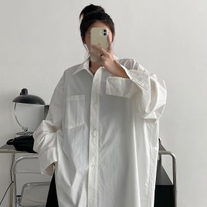 Korean Style White Long Sleeve Shirt for Women - Thin Cotton Casual Top in Sun Grapefruit, Perfect for Spring and Autumn