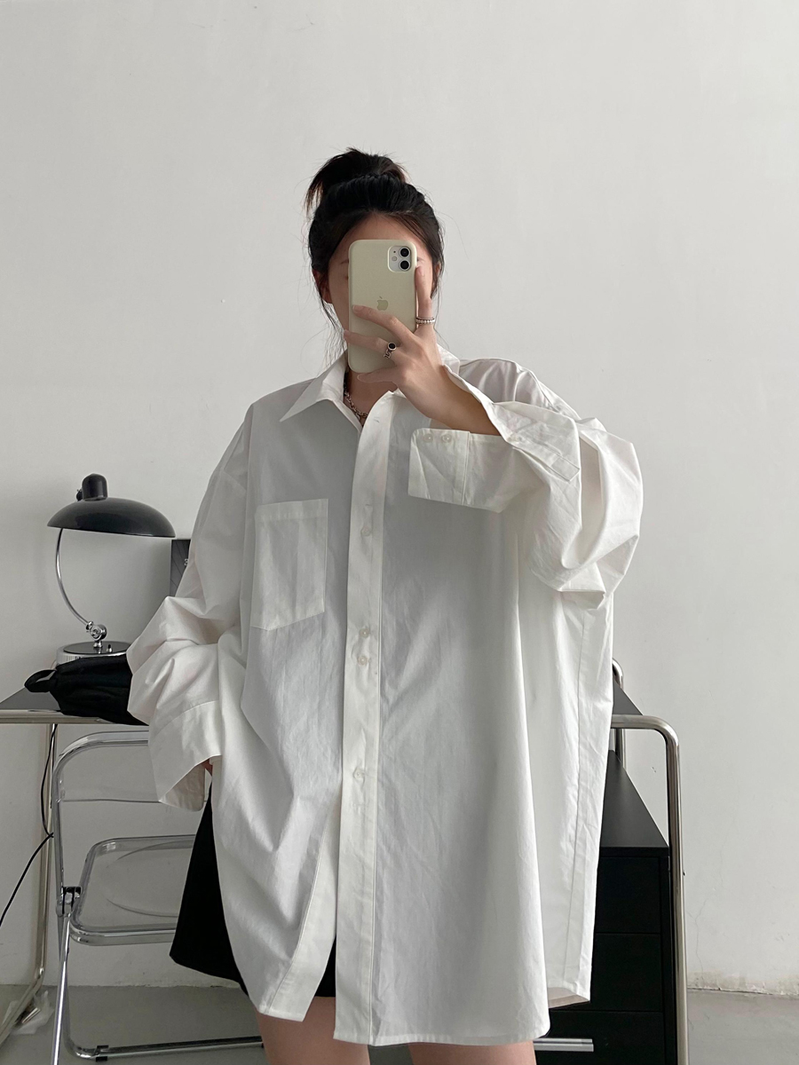 Korean Style White Long Sleeve Shirt for Women - Thin Cotton Casual Top in Sun Grapefruit, Perfect for Spring and Autumn Korean Style White Long Sleeve Shirt for Women - Thin Cotton Casual Top in Sun Grapefruit, Perfect for Spring and Autumn