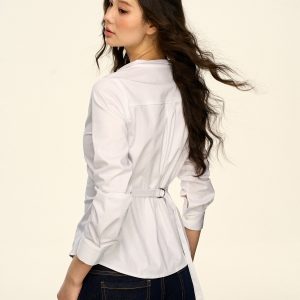 Korean-Style White V-Neck Long Sleeve Shirt for Women - Sexy Waist-Cinching Slim Fit Spring Autumn Top