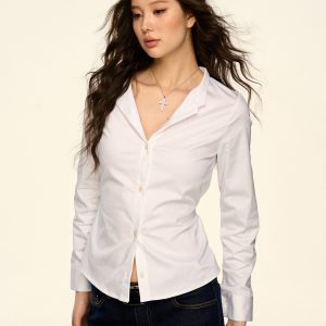Korean-Style White V-Neck Long Sleeve Shirt for Women - Sexy Waist-Cinching Slim Fit Spring Autumn Top
