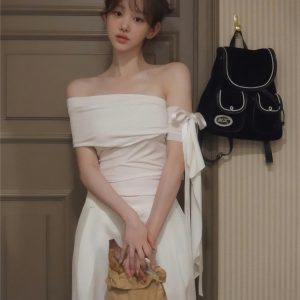 Korean Style Women's One-Shoulder Ruffle Lace Short Sleeve T-shirt - Summer Holiday White Top for Instagram Ready Looks