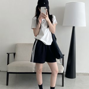 Korean Style Women's Summer Casual Striped Sports Shorts - Sun Grapefruit Straight-Leg Five-Point Sweatpants