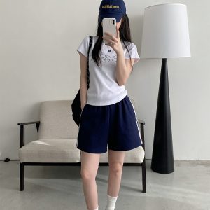 Korean Style Women's Summer Casual Striped Sports Shorts - Sun Grapefruit Straight-Leg Five-Point Sweatpants
