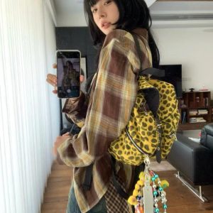 Korean Style Wool Leopard Print Double Shoulder Women's Backpack, Versatile Large Capacity Commuter Bag for Students