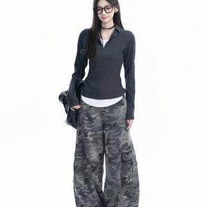 Korean Style Zipper Knitted Long Sleeve T-Shirt - Slim Fit Fake Two-Piece Design with Flattering Base for Spring Fashion