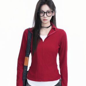 Korean Style Zipper Knitted Long Sleeve T-Shirt - Slim Fit Fake Two-Piece Design with Flattering Base for Spring Fashion