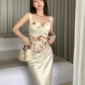 Lace Camisole and Fishbone Long Skirt Set for Women - Spring 2025 Sexy Fashion, Chic Look, Perfect for 90s and Y2K Styles