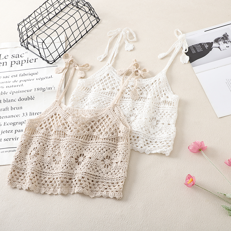 Lace Crochet Hollow Knit Tie-Back Tank Top for Women, Vintage Loose Sleeveless Cropped Summer Outerwear, Y2K Style