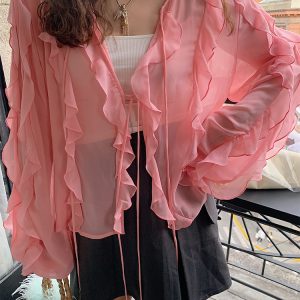 Lace Edge Chiffon Cardigan for Women - Sheer Plus Size Sun Protection Top, Thin and Airy for Spring and Summer Fashion