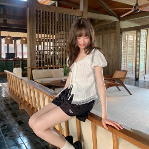 Lace Edge Tie Short-Sleeve Shirt for Women, Sweet Wind Summer Top, Exquisite Blouse, Stylish Summer Fashion, Y2K Inspired