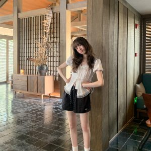 Lace Edge Tie Short-Sleeve Shirt for Women, Sweet Wind Summer Top, Exquisite Blouse, Stylish Summer Fashion, Y2K Inspired