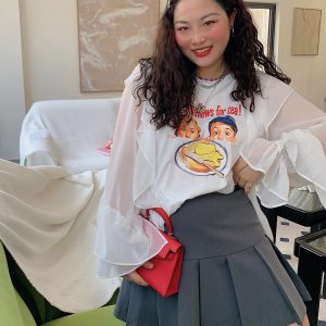 Lace-Edged Chiffon Shirt for Women, Loose Plus Size, Stylish Fashion Top, Belly-Covering, 90s-Inspired Chic Blouse