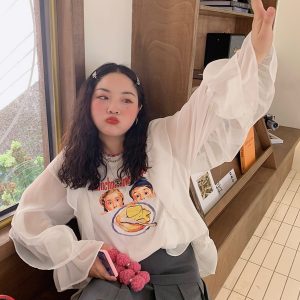 Lace-Edged Chiffon Shirt for Women, Loose Plus Size, Stylish Fashion Top, Belly-Covering, 90s-Inspired Chic Blouse