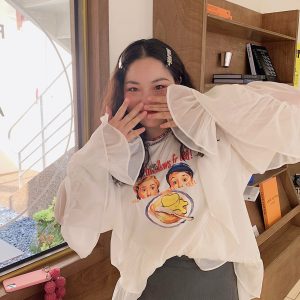 Lace-Edged Chiffon Shirt for Women, Loose Plus Size, Stylish Fashion Top, Belly-Covering, 90s-Inspired Chic Blouse