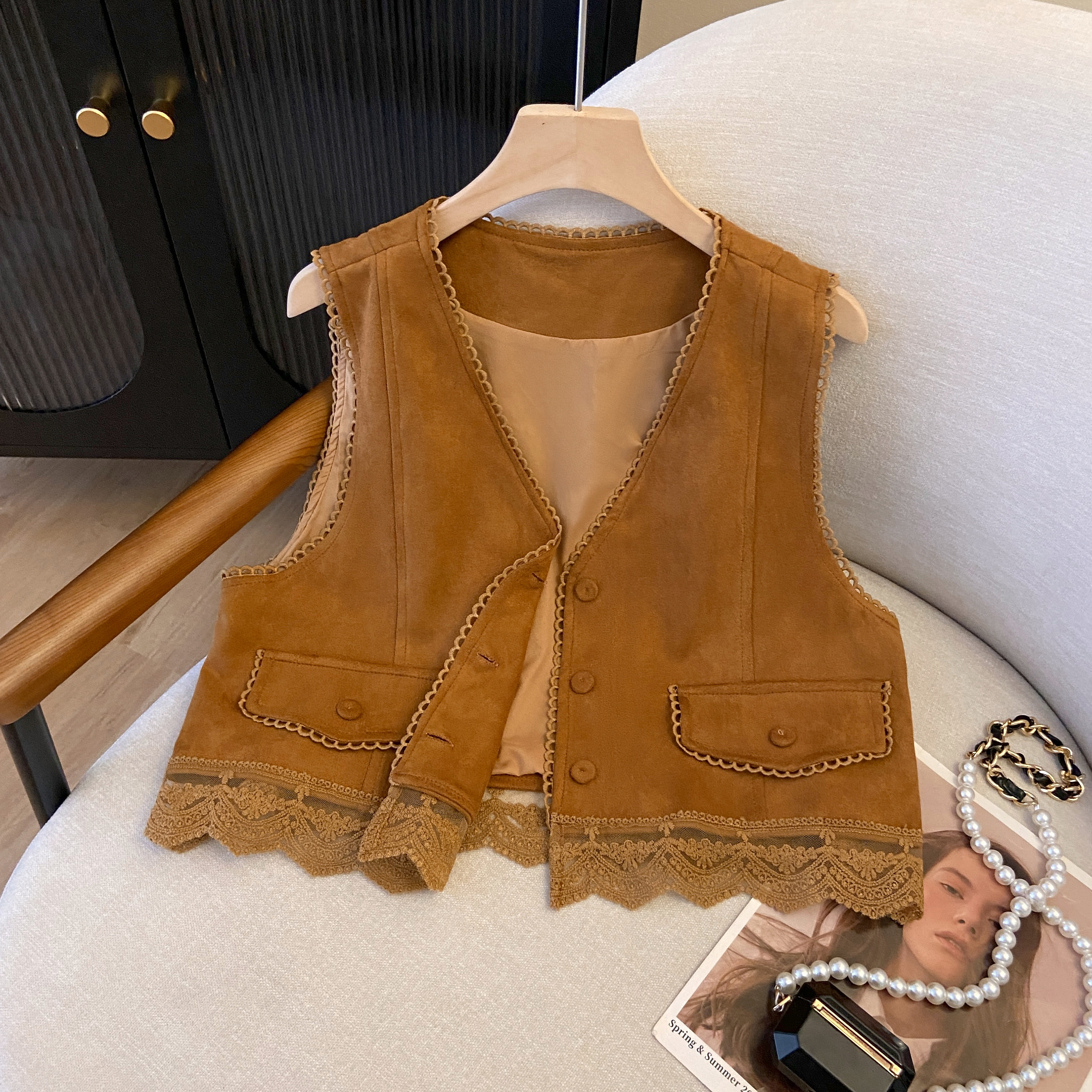 Lace Embroidered Patchwork Suede Vest for Women - Boho Short Cardigan for Travel Outfits, Ideal for 90s and Y2K Styles
