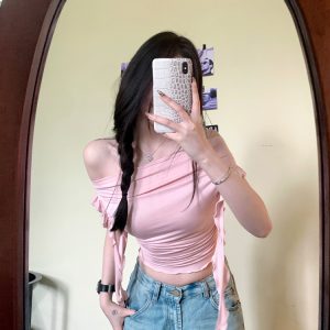 Lace Holiday Tune One-Shoulder Ruffle Edge Short Sleeve T-Shirt for Women - Flowing White Summer Top, Y2K Inspired Fashion